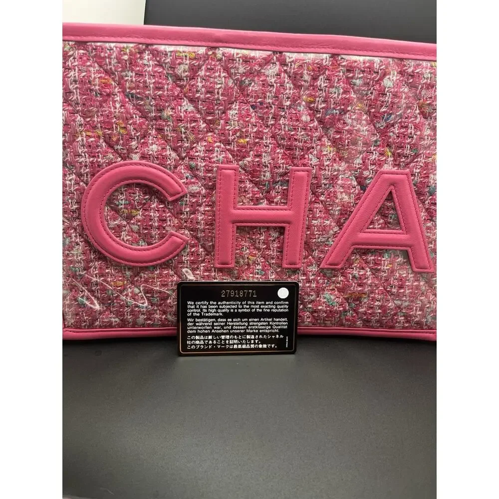 CHANEL Pink Tweed Large Logo Zip Pouch Clutch - Picture 2 of 14